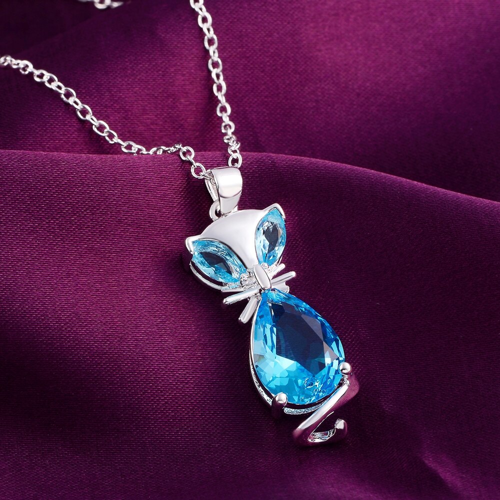 Pretty 925 Stamped Silver  red Blue green Crystal Fox Pendant Necklace For Women party Wedding Jewelry Gifts