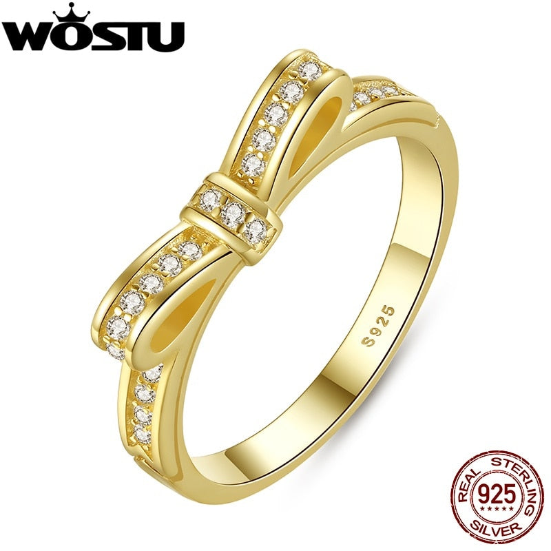 Hot Sale Real 925 Sterling Silver Gold Color Sparkling Bow Engagement Ring For Women Original Fine Jewelry XCH7129