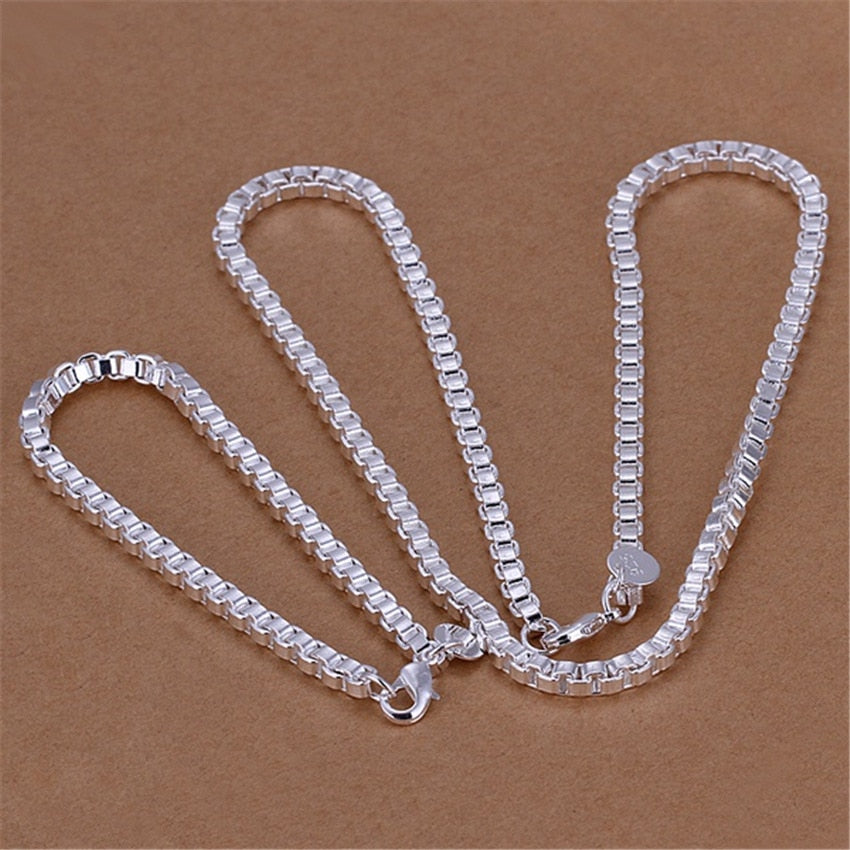 Street all-match 925 Sterling Silver classic 4MM box Bracelet necklace Jewelry set for men women Party wedding Gifts