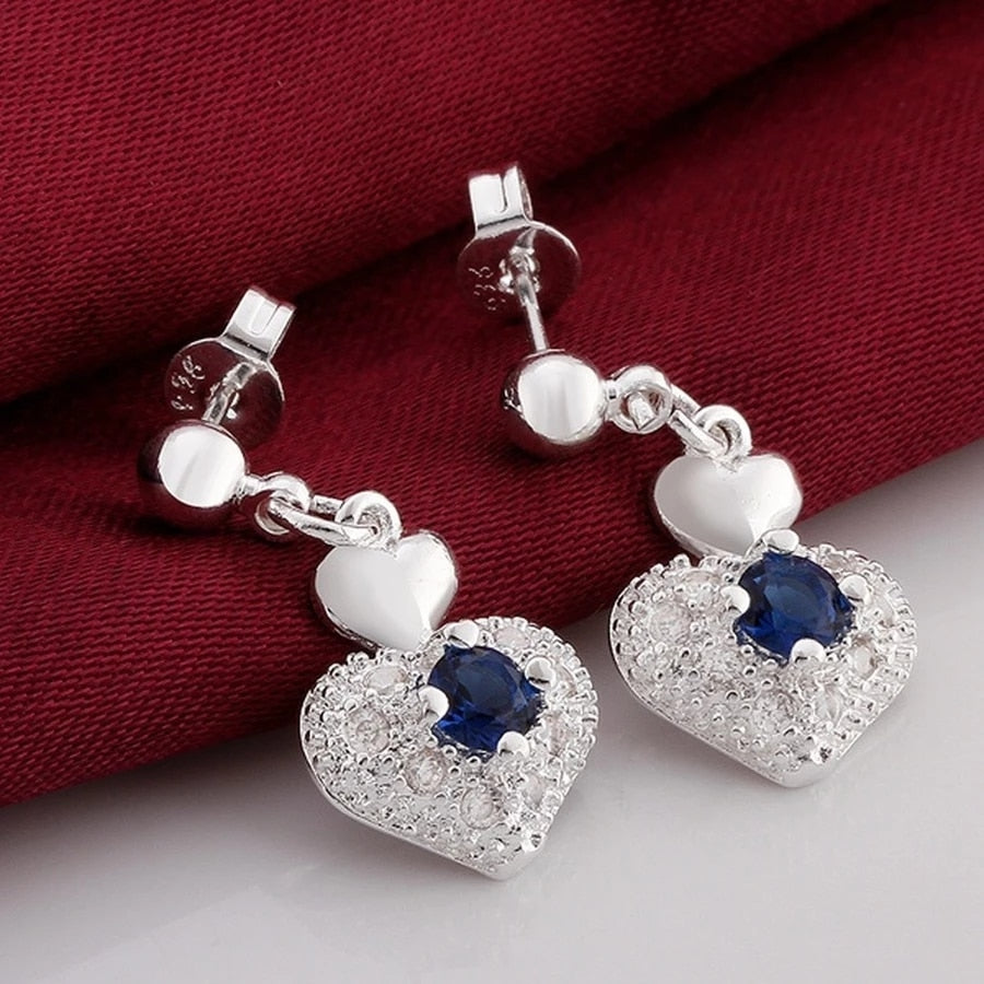 Street all-match blue crystal heart 925 sterling Silver pendant necklace earring Jewelry sets for Woman party gifts