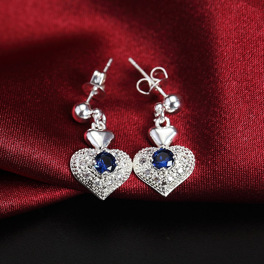 Street all-match blue crystal heart 925 sterling Silver pendant necklace earring Jewelry sets for Woman party gifts