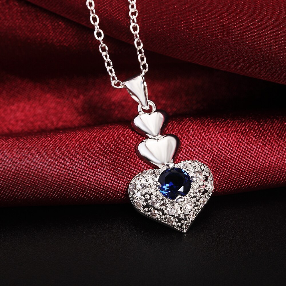 Street all-match blue crystal heart 925 sterling Silver pendant necklace earring Jewelry sets for Woman party gifts