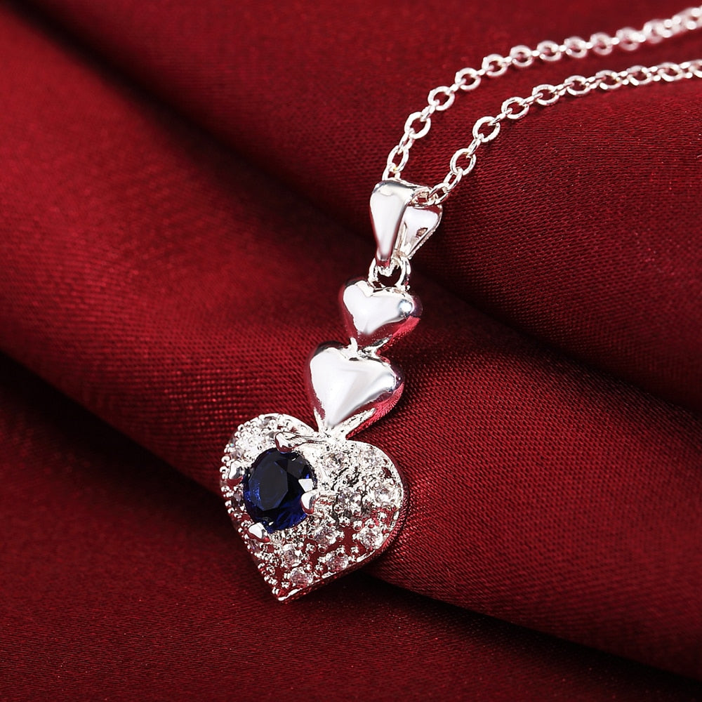 Street all-match blue crystal heart 925 sterling Silver pendant necklace earring Jewelry sets for Woman party gifts