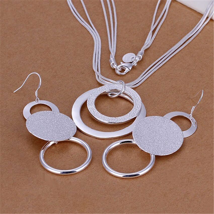 Street 925 sterling Silver Frosted circle earring necklace Jewelry set for Women wedding party Charm gifts