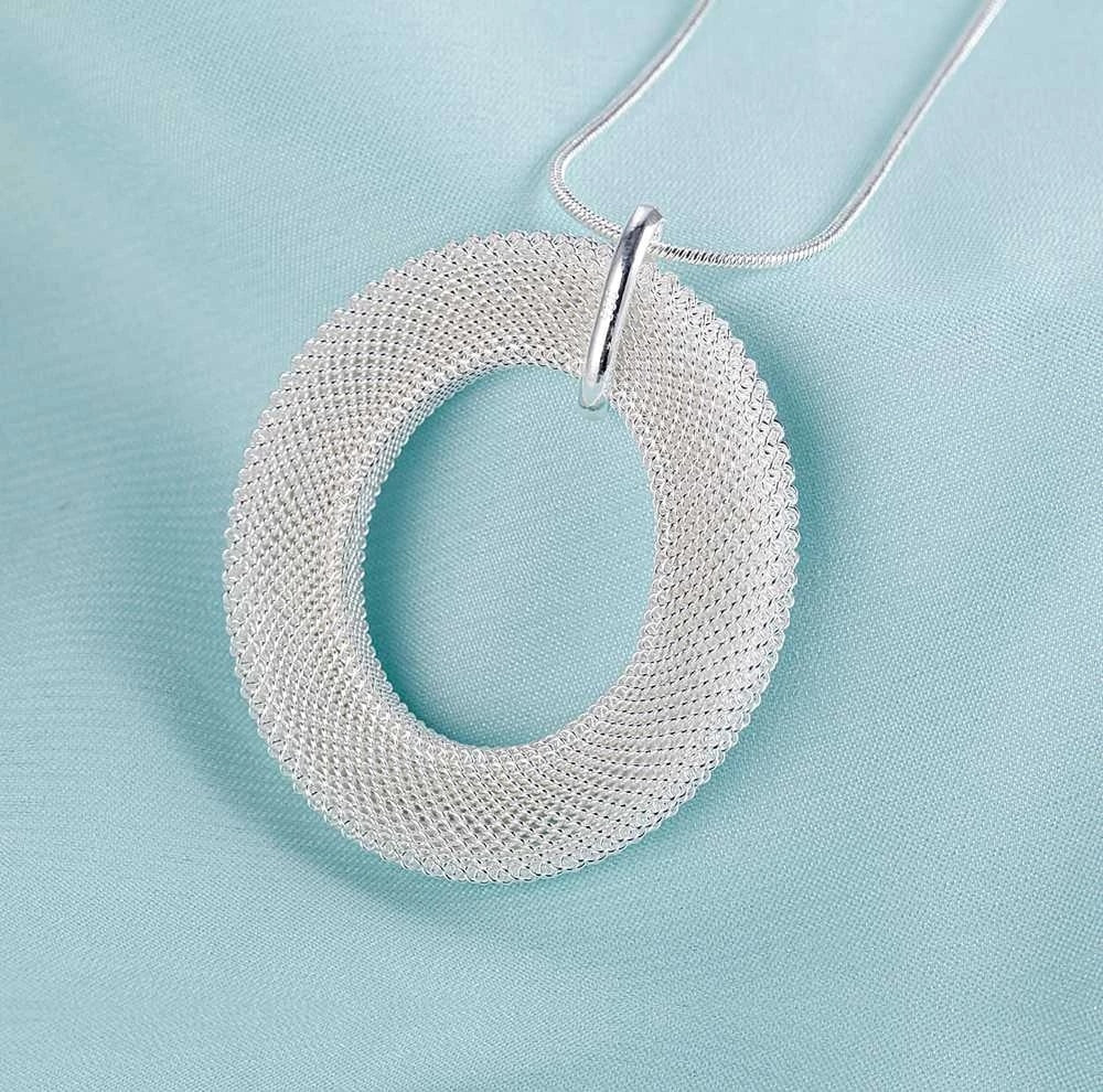 Street trend 925 sterling Silver Fine Mesh Circle Pendant necklace stud earrings for woman Party wedding Jewelry set