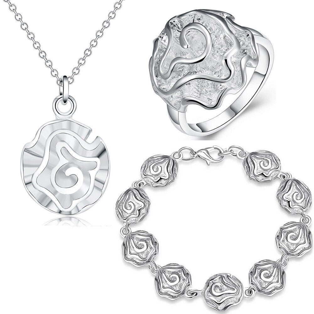 fine rose flower 925 sterling Silver rings Bracelets necklaces Jewelry set for women Party wedding accessories gifts