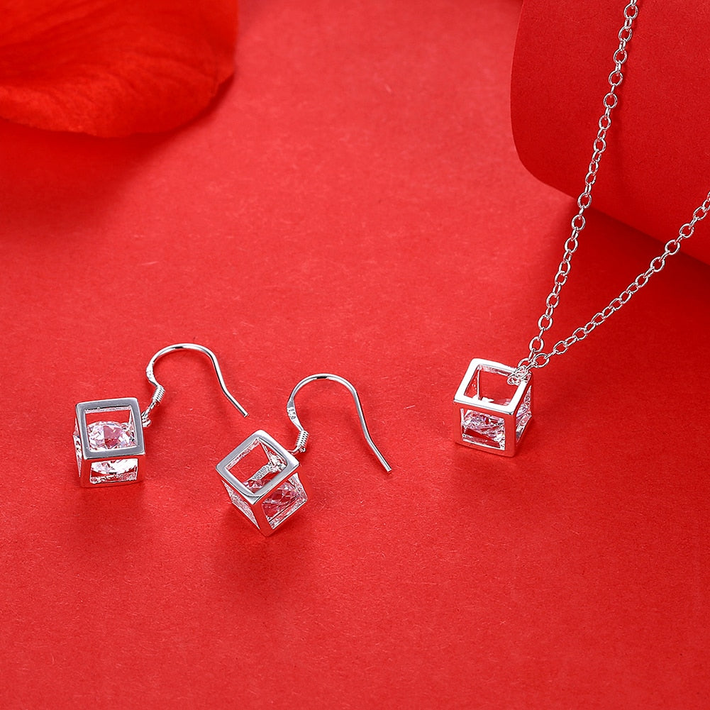 designer 925 sterling Silver crystal lattice Pendant necklace earrings for woman Jewelry sets Couple gifts