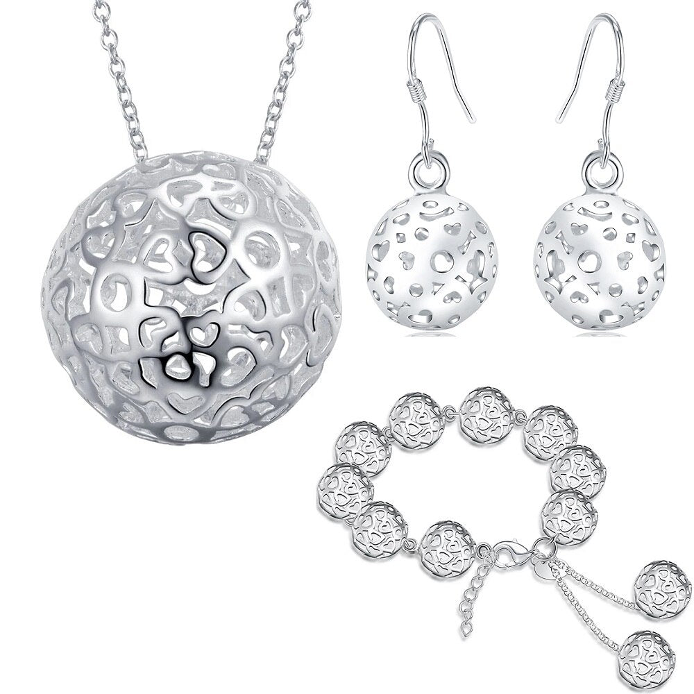 trend 925 sterling Silver Hollow Ball Pendant Bracelet necklace earrings Jewelry sets for women Party wedding gifts