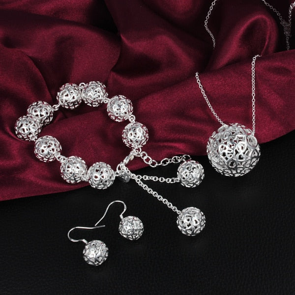 trend 925 sterling Silver Hollow Ball Pendant Bracelet necklace earrings Jewelry sets for women Party wedding gifts