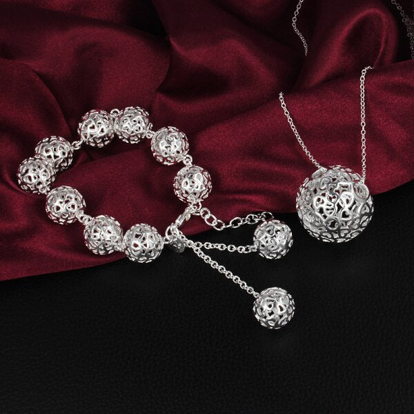 trend 925 sterling Silver Hollow Ball Pendant Bracelet necklace for women  Party Jewelry set Couple gifts