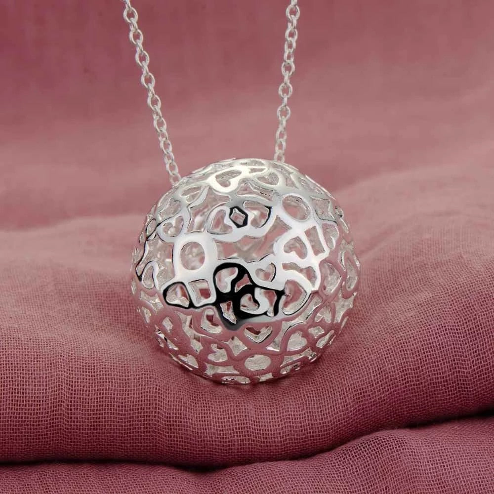 trend 925 sterling Silver Hollow Ball Pendant Bracelet necklace for women  Party Jewelry set Couple gifts
