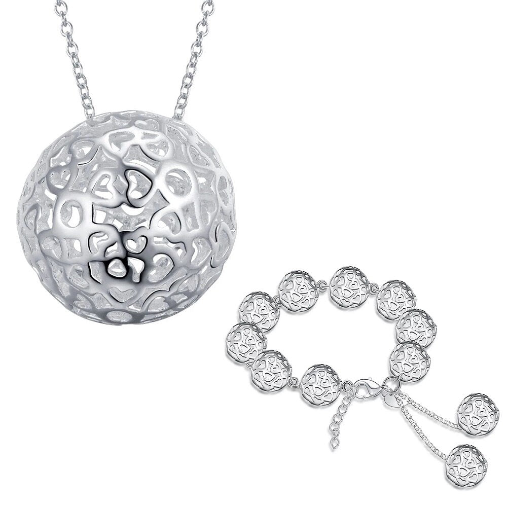 trend 925 sterling Silver Hollow Ball Pendant Bracelet necklace for women  Party Jewelry set Couple gifts