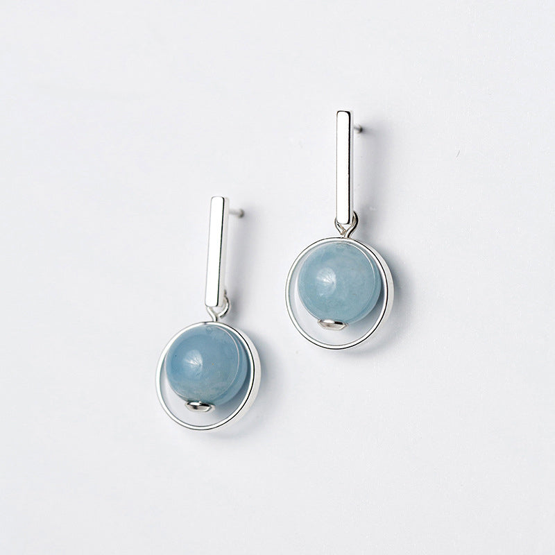 New Delicate Fine Jewelry S925 Sterling Silver Elegant Blue Natural Crystal with Round Circle Dangle Drop Earrings Girl