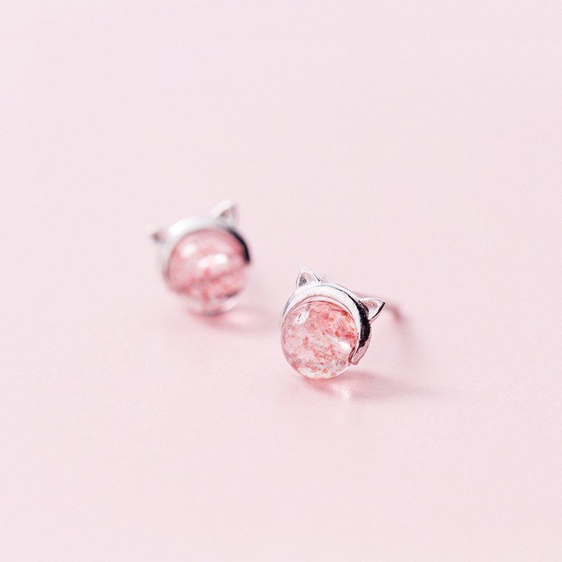 New Very Cute Animal Stud Earrings S925 Sterling Silver Cate Shape with Single Round Pink Strawberry Quartz Brincos Girl