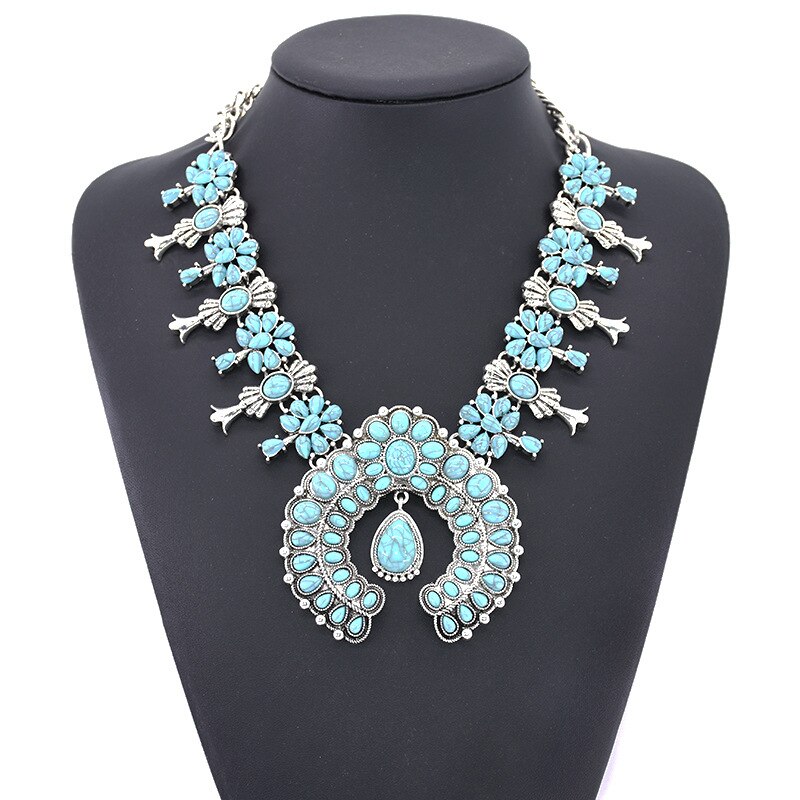 Indian  Turquoise Pendant Necklaces Ethnic Bohemia Tribal Big Chunky Statement Wedding Bride  Moon Maxi Jewelry