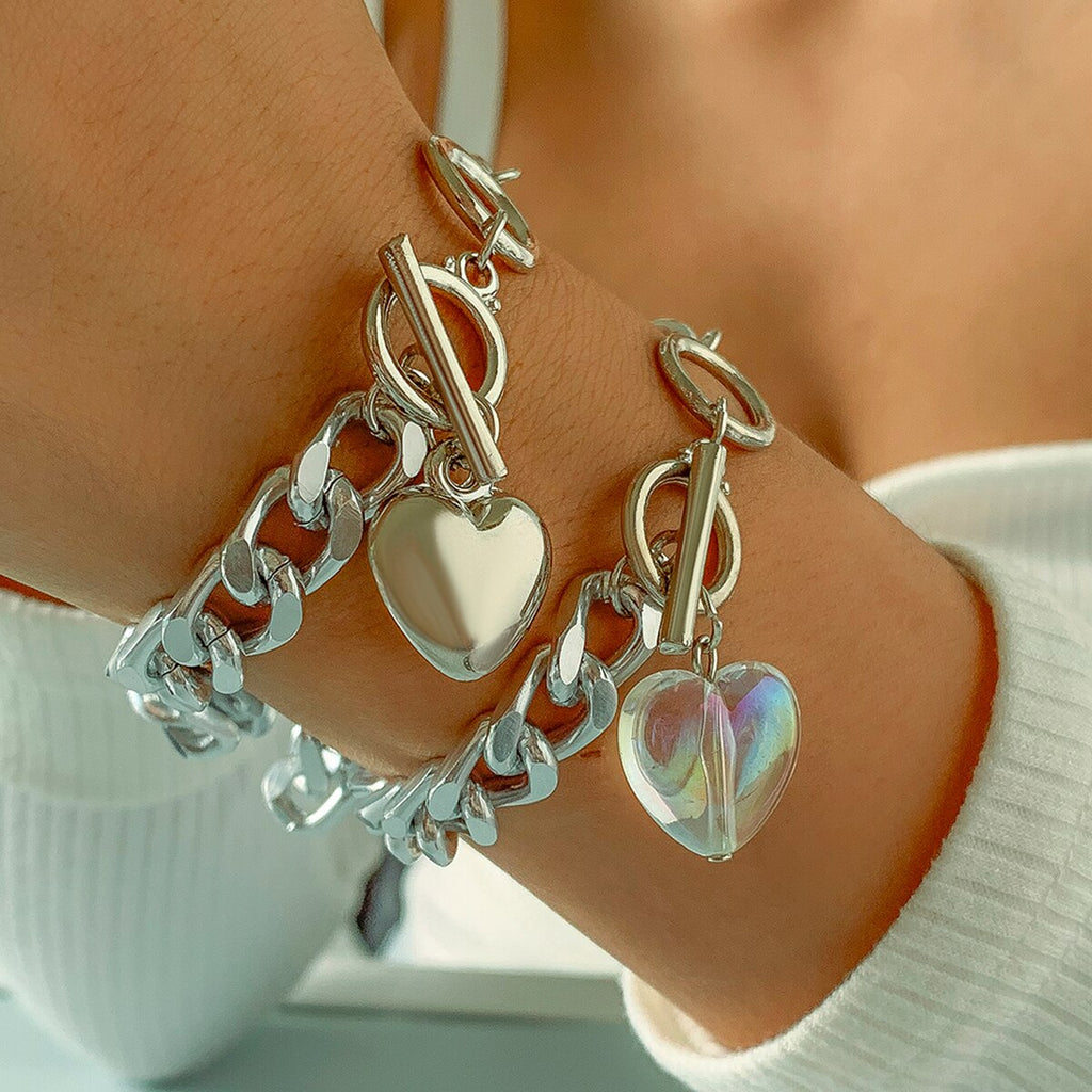 IngeSight.Z 2Pcs/Set Sweet Acrylic Heart Pendant Toggle Lasso Bracelets Bangles Punk Chunky Thick Friendship Bracelets Jewelry