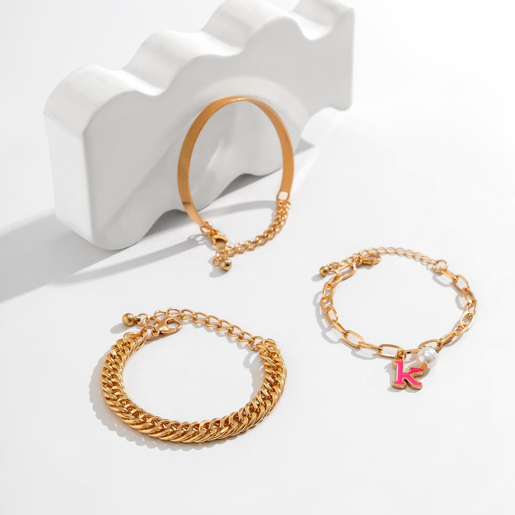 IngeSight.Z 3Pcs/set Pearl Letter Pendant Link Chain Bracelets for Women Punk Curb Cuban Thick Gold Color Charm Bracelets Bangle