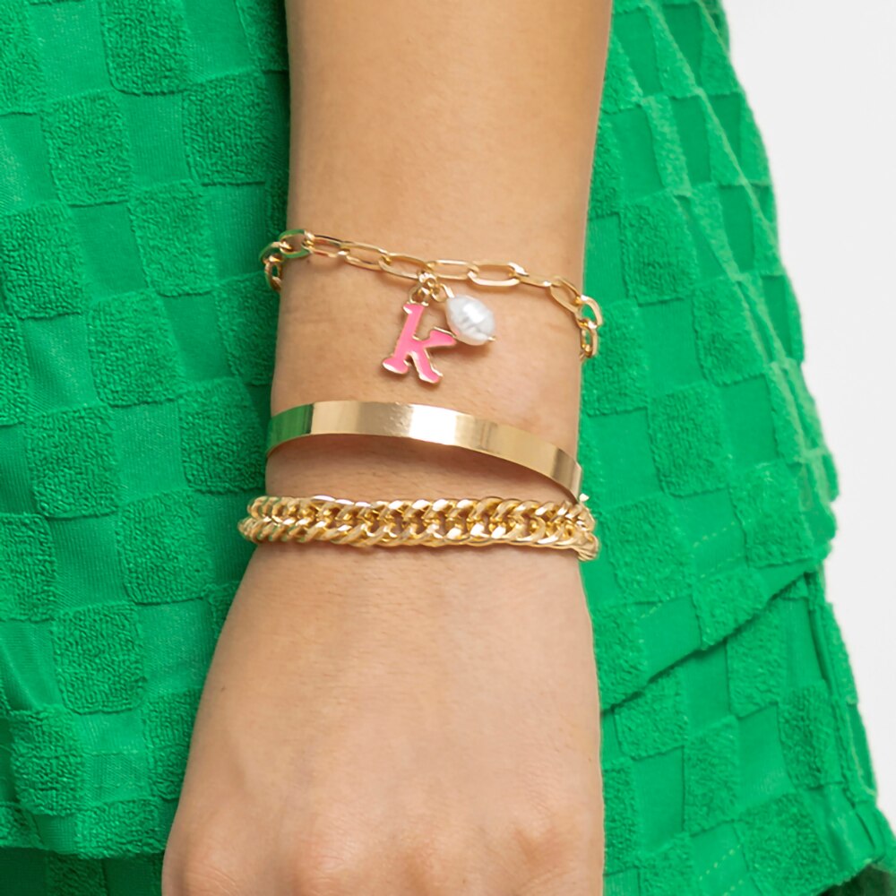 IngeSight.Z 3Pcs/set Pearl Letter Pendant Link Chain Bracelets for Women Punk Curb Cuban Thick Gold Color Charm Bracelets Bangle