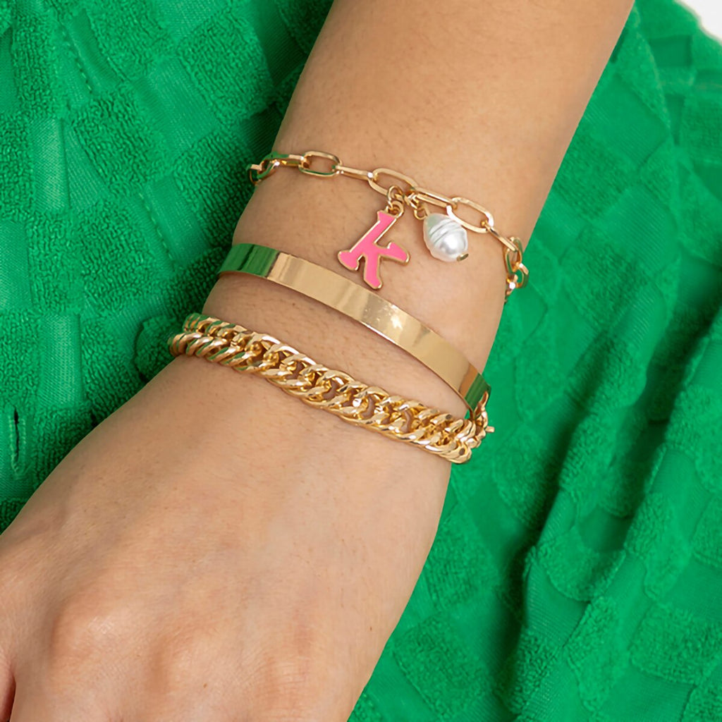 IngeSight.Z 3Pcs/set Pearl Letter Pendant Link Chain Bracelets for Women Punk Curb Cuban Thick Gold Color Charm Bracelets Bangle