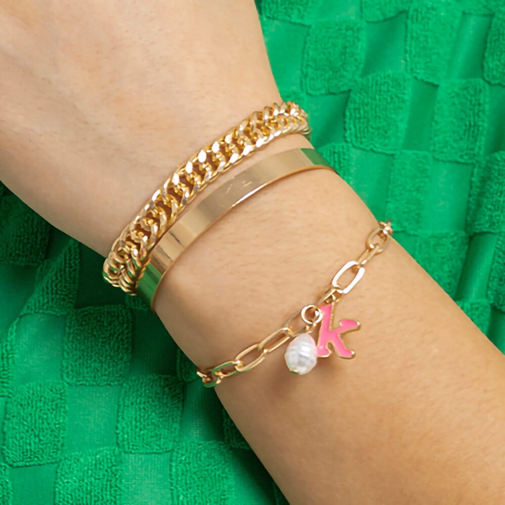 IngeSight.Z 3Pcs/set Pearl Letter Pendant Link Chain Bracelets for Women Punk Curb Cuban Thick Gold Color Charm Bracelets Bangle