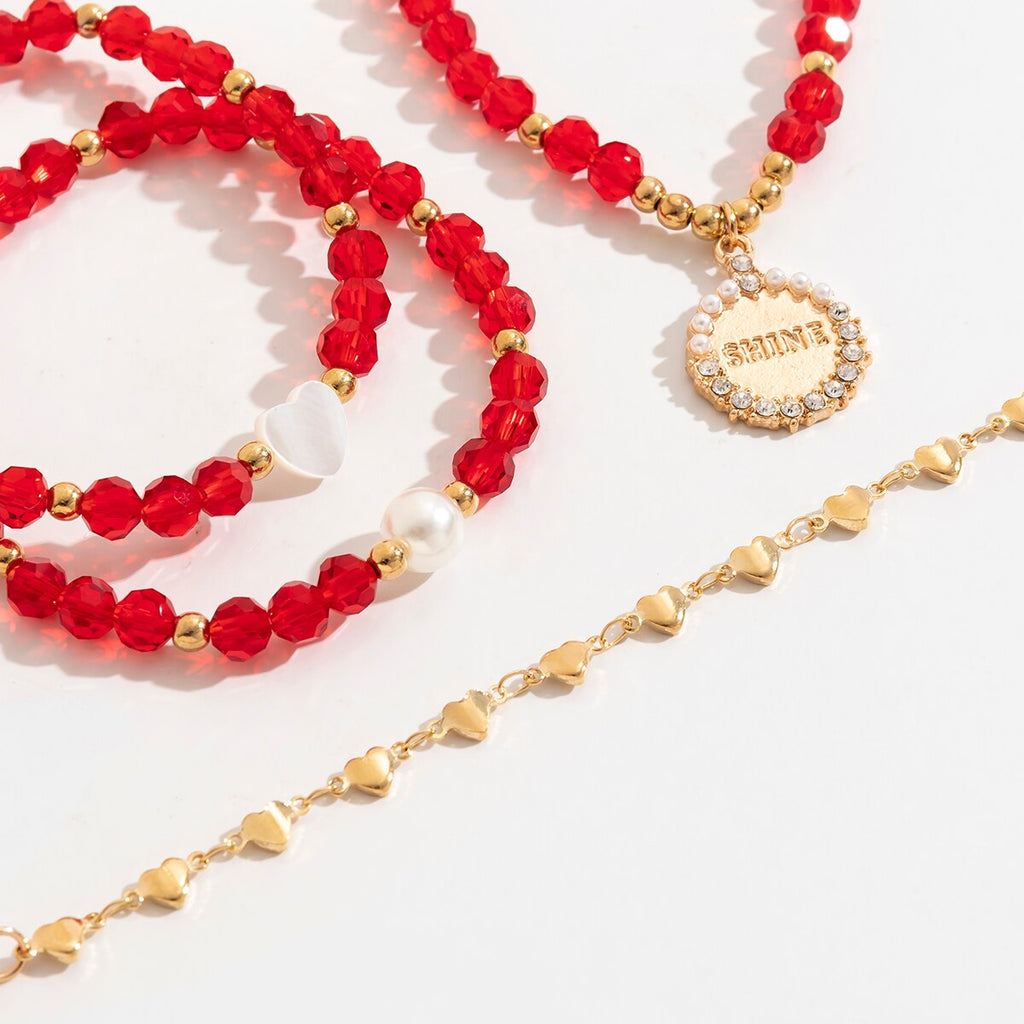 IngeSight.Z 4 pcs/set  Red Crystal Heart Pearls Bracelet for Women Punk Charm Gold Color Rhinestones Coin Pendant Bracelet