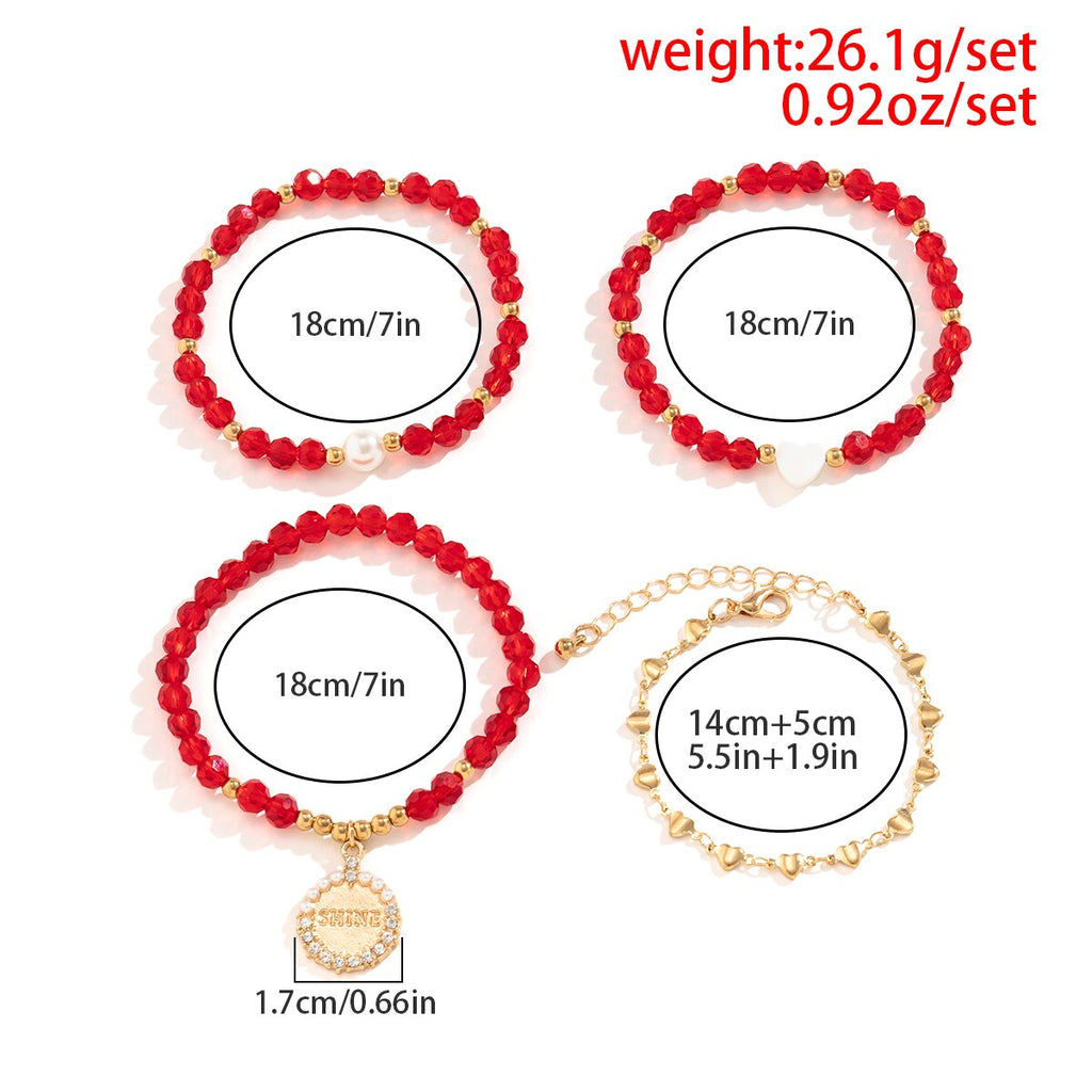 IngeSight.Z 4 pcs/set  Red Crystal Heart Pearls Bracelet for Women Punk Charm Gold Color Rhinestones Coin Pendant Bracelet
