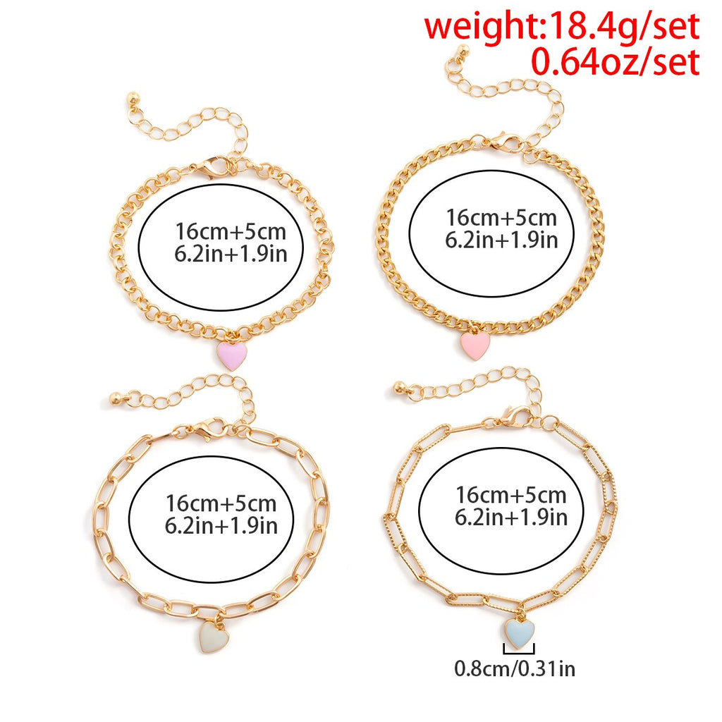 IngeSight.Z 4pcs/set Bohemia Colorful Heart Pendant Bracelet Set for Women Punk Gold Color Chain Drip Oil Heart Jewelry Set