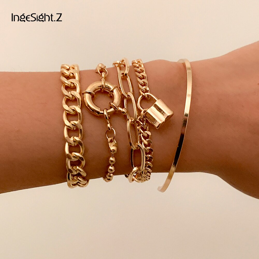 IngeSight.Z 5Pcs/Set Steampunk Lock Padlock Pendant Bracelets Bangles Vintage Bead Chain Curb Cuban Bracelet Women Wrist Jewelry
