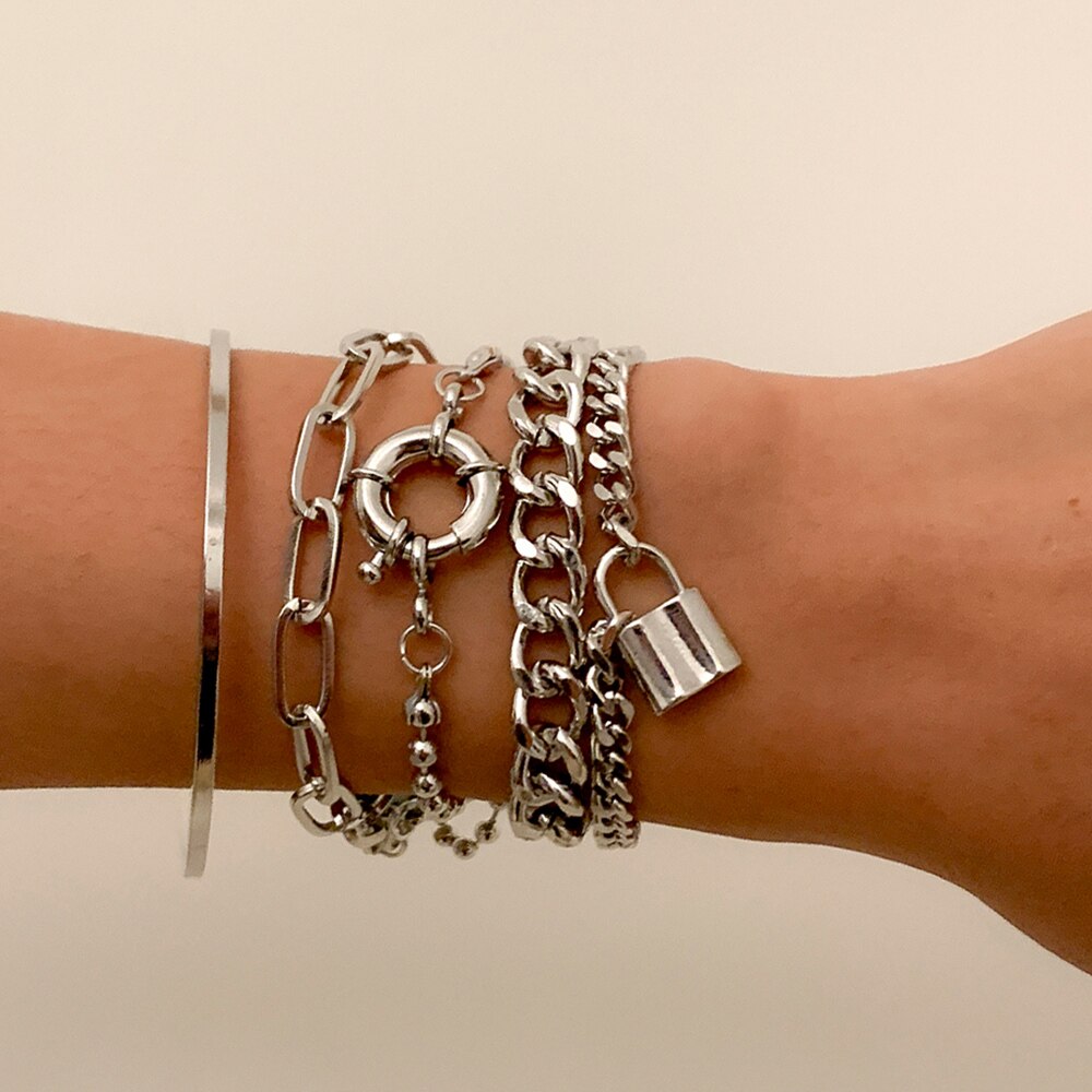 IngeSight.Z 5Pcs/Set Steampunk Lock Padlock Pendant Bracelets Bangles Vintage Bead Chain Curb Cuban Bracelet Women Wrist Jewelry