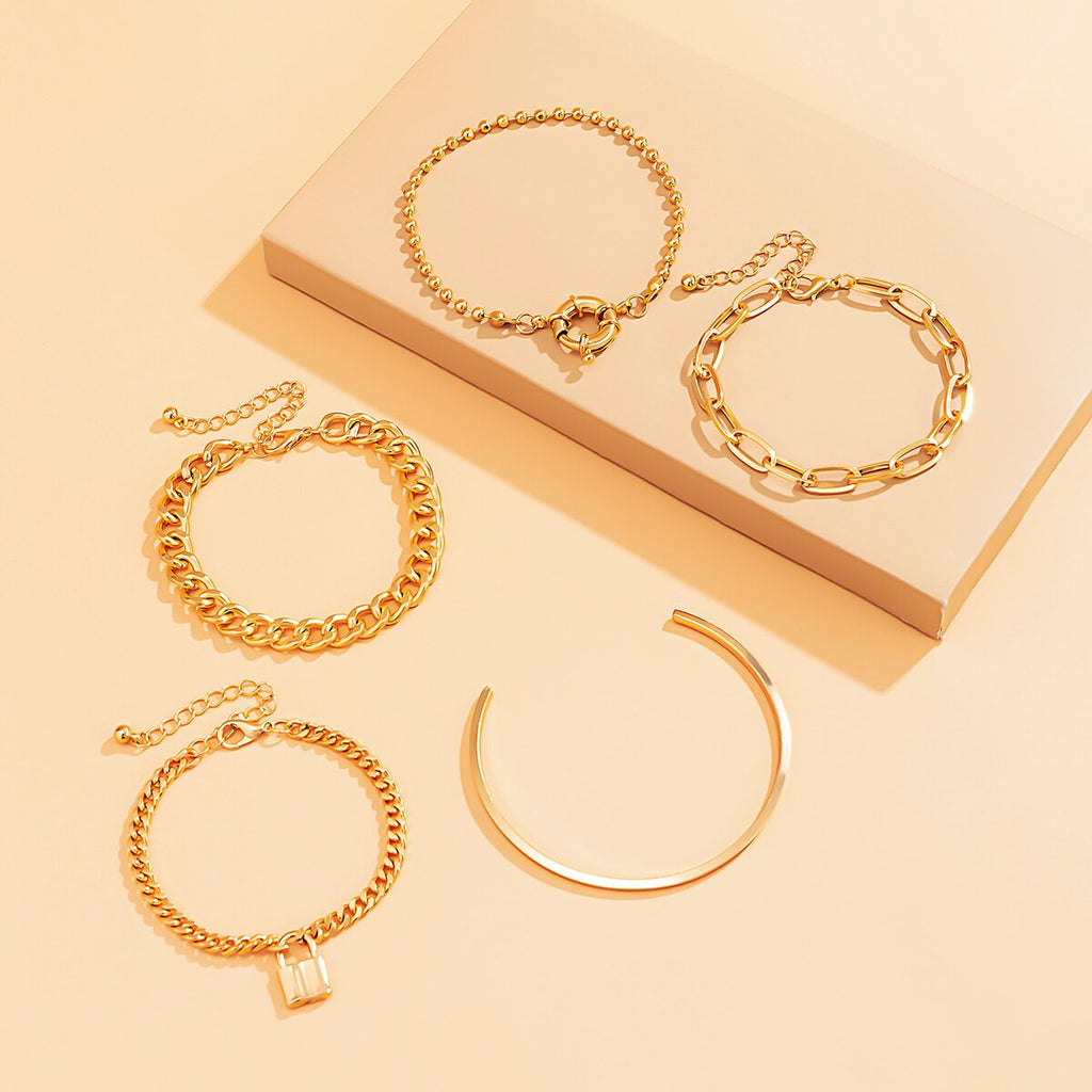 IngeSight.Z 5Pcs/Set Steampunk Lock Padlock Pendant Bracelets Bangles Vintage Bead Chain Curb Cuban Bracelet Women Wrist Jewelry