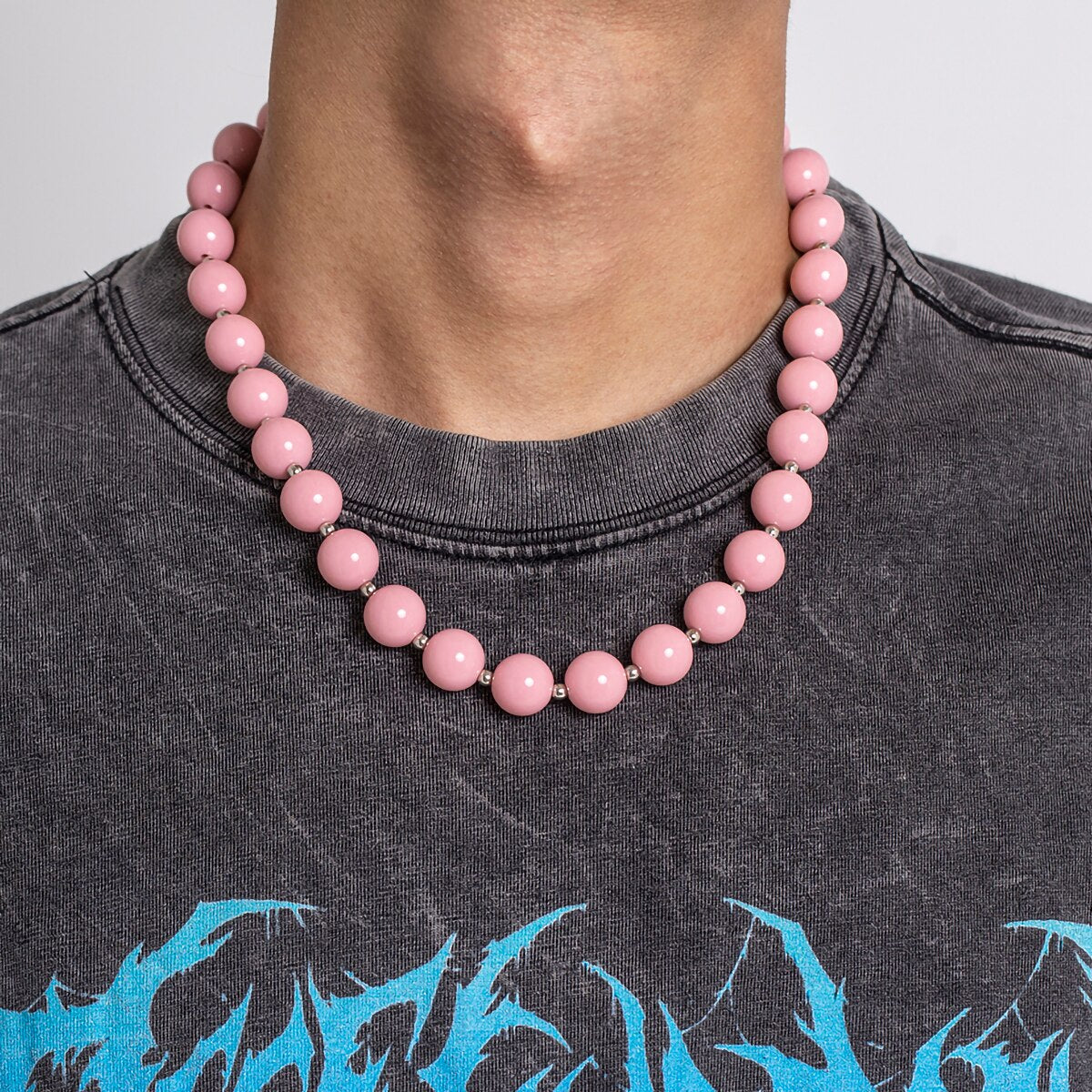 IngeSight.Z Acrylic Pink Beaded Choker Necklace for Men Women Personality Hip Hop Chunky Clavicle Chain Statement Jewelry Gift