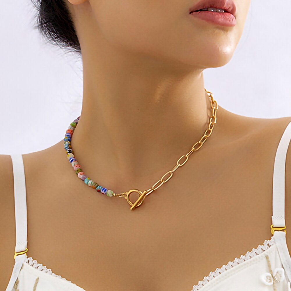 IngeSight.Z Bohemia Flower Stripe Glass Beads Choker Necklace for Women Punk Geometric Metal OT Buckle Clavicle Chain Jewelry