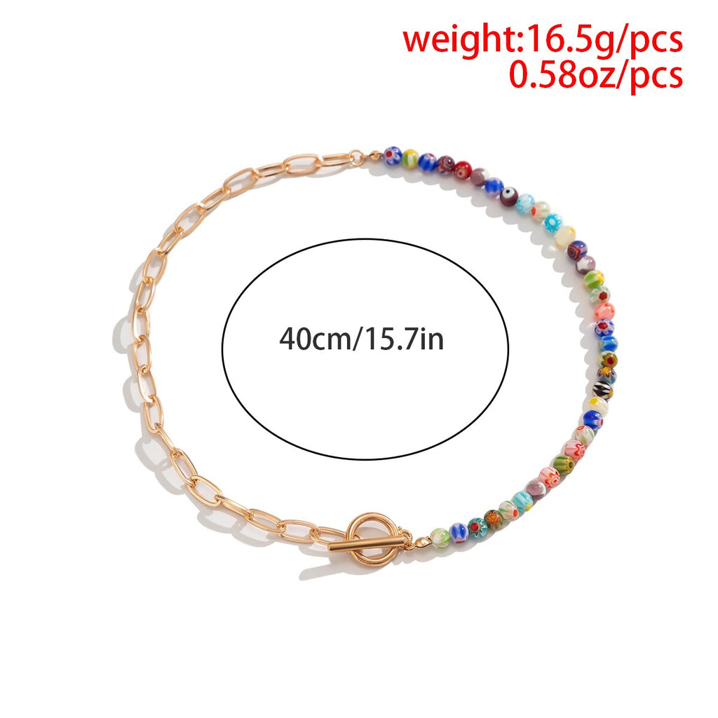 IngeSight.Z Bohemia Flower Stripe Glass Beads Choker Necklace for Women Punk Geometric Metal OT Buckle Clavicle Chain Jewelry