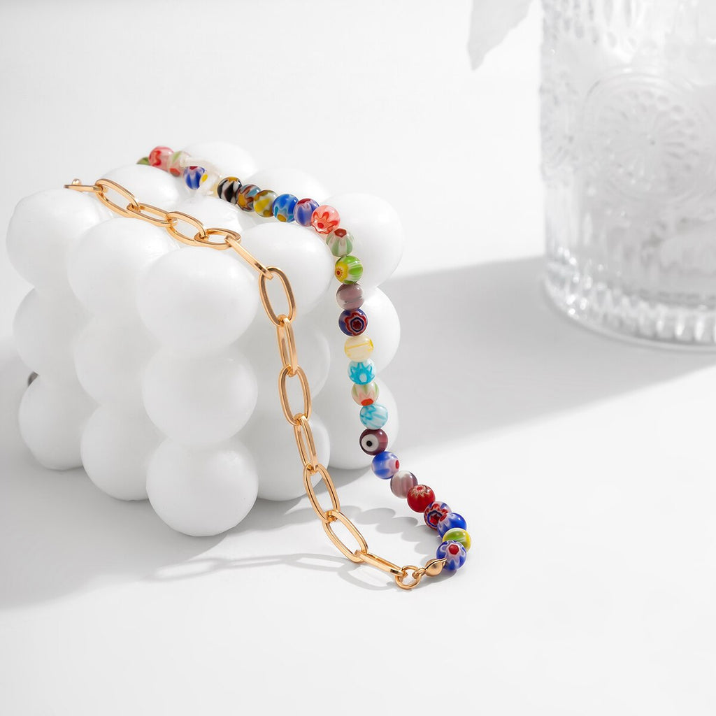 IngeSight.Z Bohemia Flower Stripe Glass Beads Choker Necklace for Women Punk Geometric Metal OT Buckle Clavicle Chain Jewelry