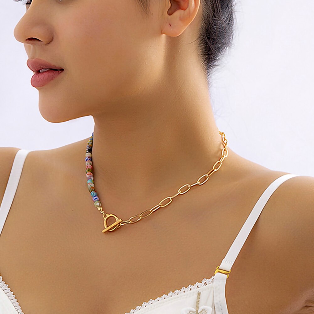 IngeSight.Z Bohemia Flower Stripe Glass Beads Choker Necklace for Women Punk Geometric Metal OT Buckle Clavicle Chain Jewelry