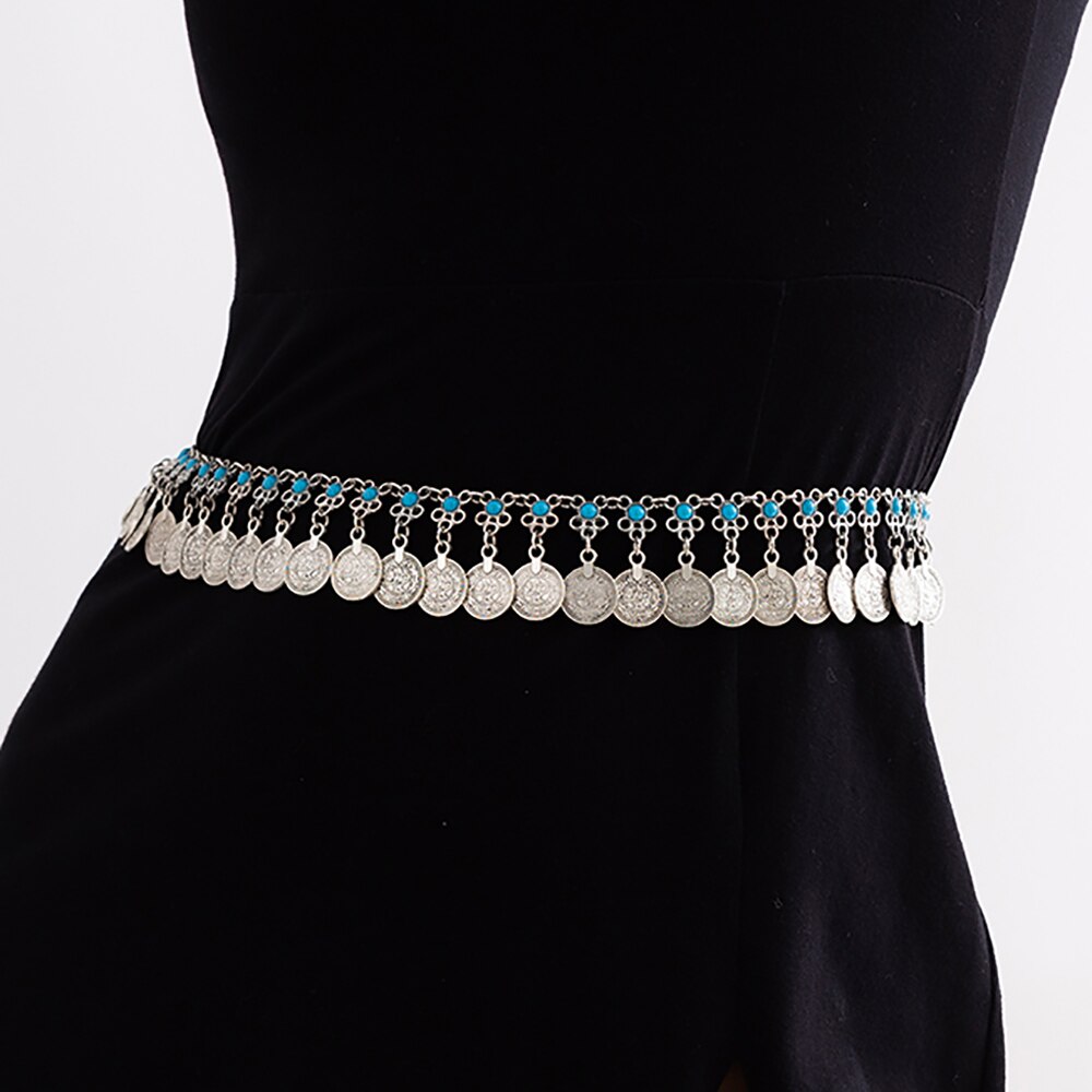 IngeSight.Z Bohemia Metal Engraving Coin Pendant Long Tassel Belly Waist Chain for Women Vintage Harness Dress Belts Waistbands