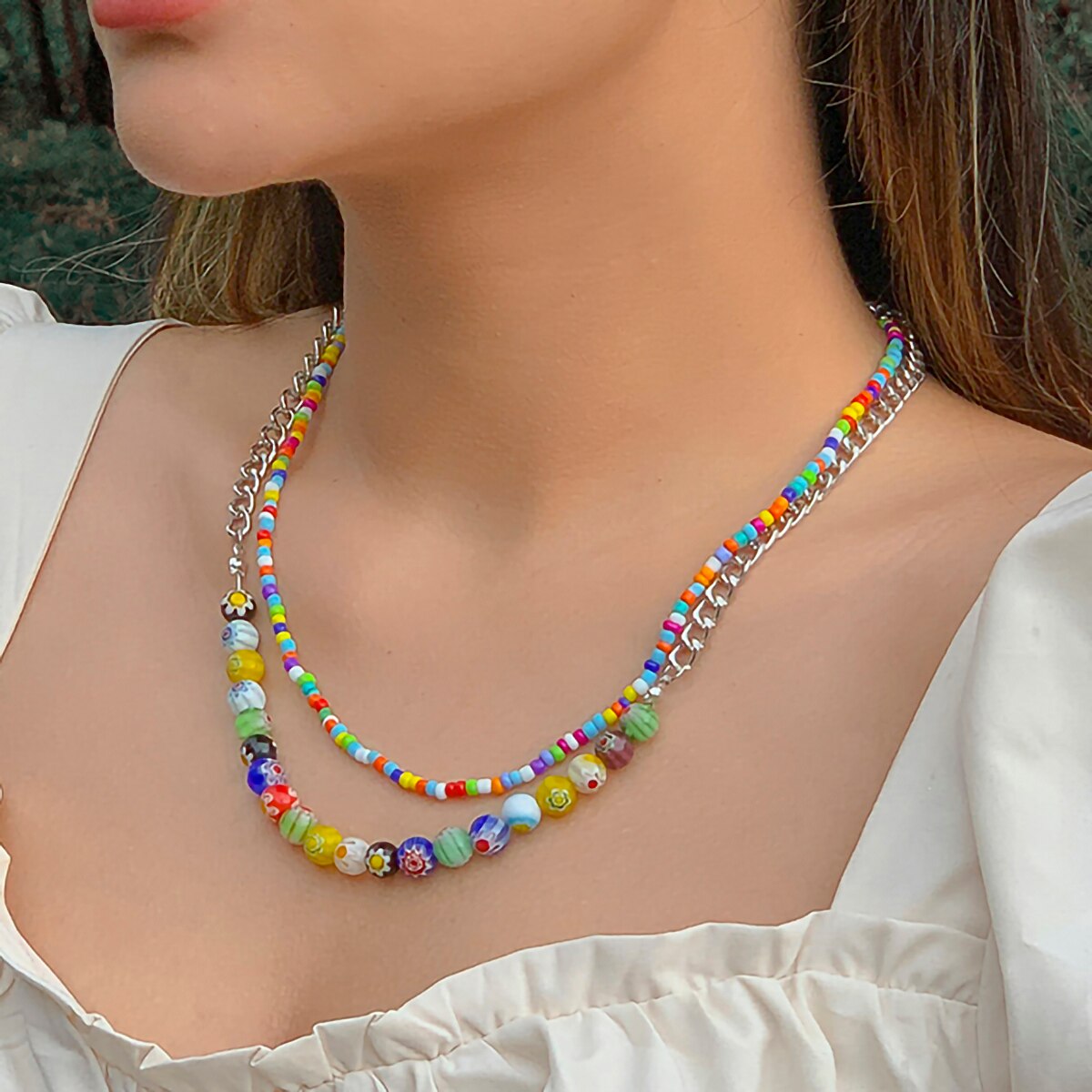 IngeSight.Z  Bohemian Colorful Glass Rice Beads Handmade Necklaces For Women MultiLayer Punk Silver Color Link Chain Choker NecK