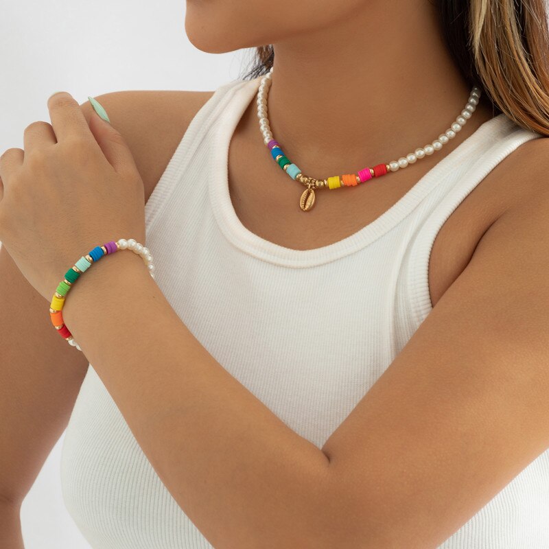 IngeSight.Z Bohemian Colorful Polymer Clay Pearls Choker Necklace For Women Gold Color Shell Pendant Neck Bracelet Set Jewelry
