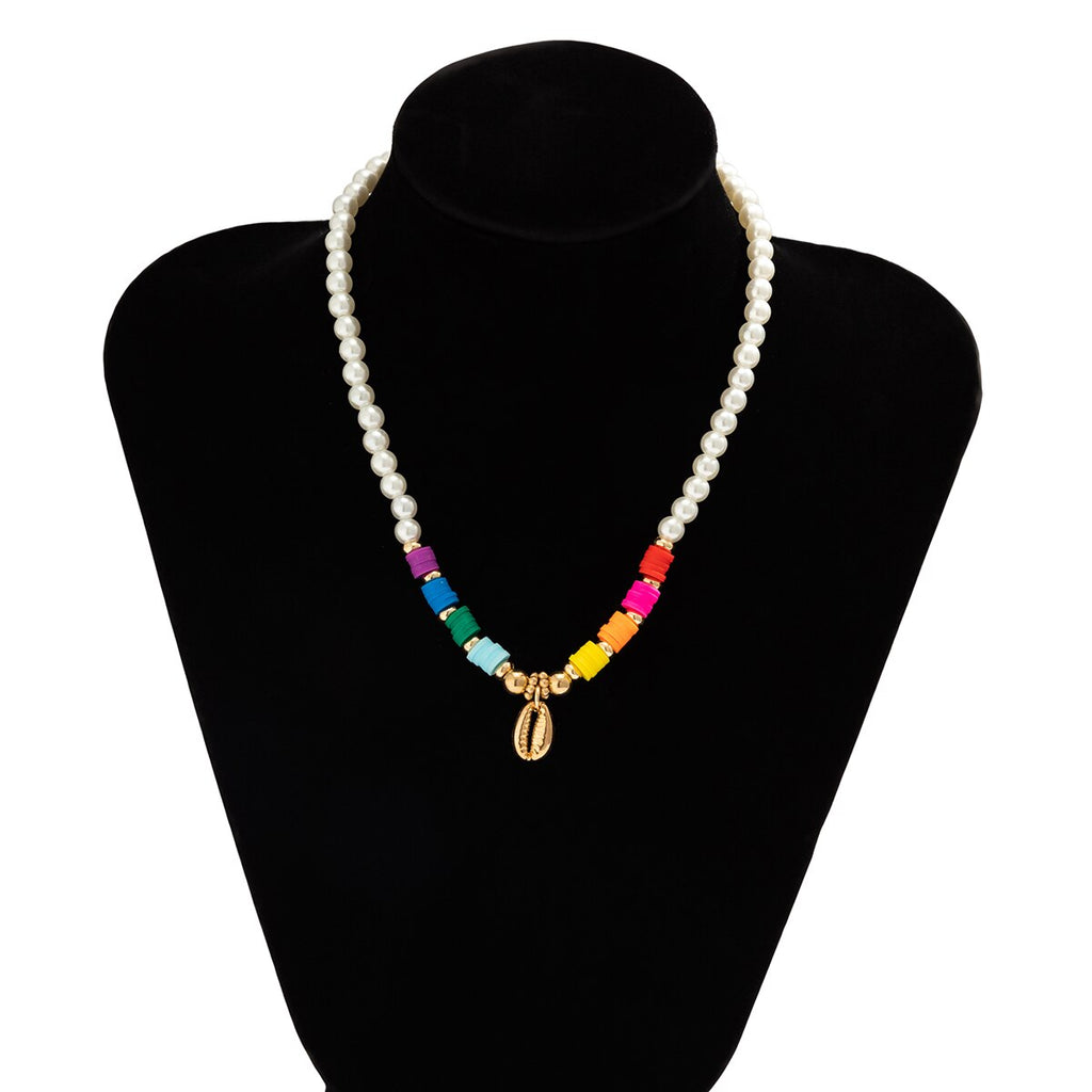 IngeSight.Z Bohemian Colorful Polymer Clay Pearls Choker Necklace For Women Gold Color Shell Pendant Neck Bracelet Set Jewelry