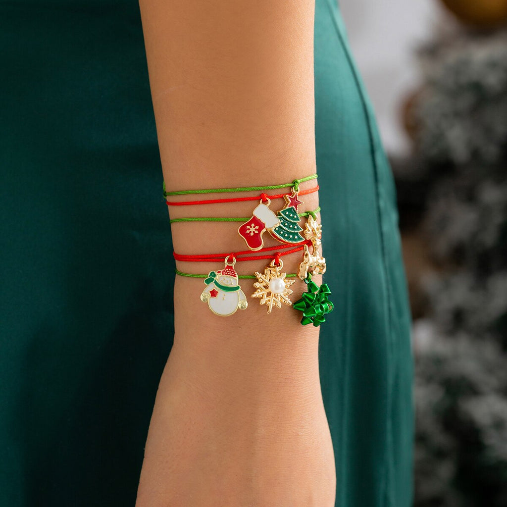 IngeSight.Z Christmas Theme Braided Rope Adjustable Bracelet for Women Pearl Snowflake Socks Christmas Tree Pendant Bracelets