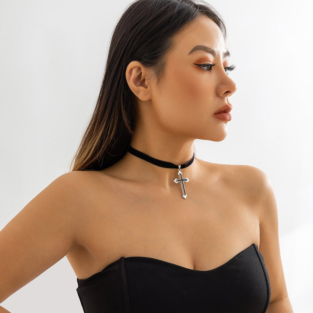 IngeSight.Z Gothic Cross Pendant Black Velvet Necklace for Women Steampunk Collar Chokers Necklace Party Jewelry Gift