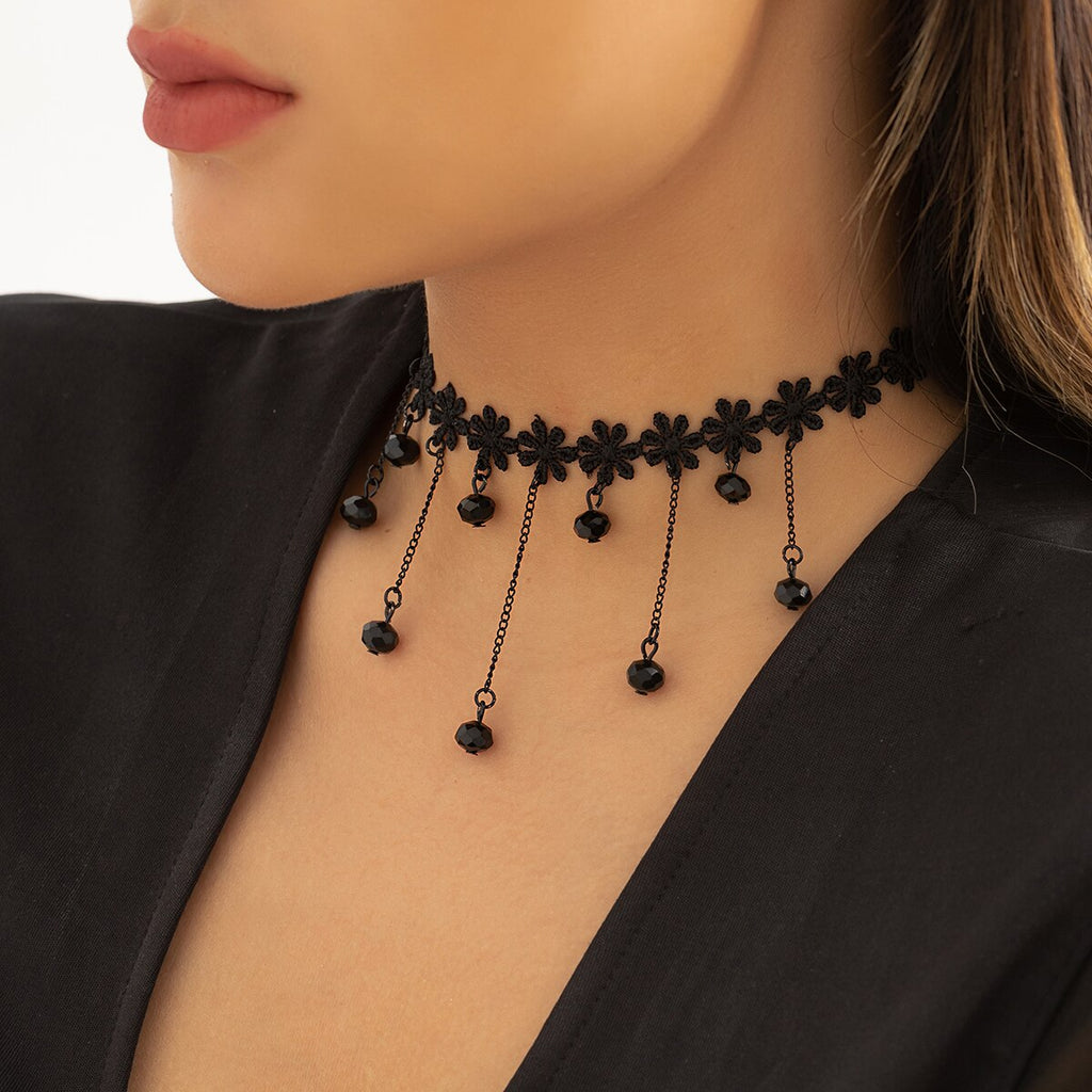 IngeSight.Z Gothic Tattoo Black Lace Crystal Tassel Pendant Necklace For Women Sexy Dark Flower Lace Collar Christmas Choker