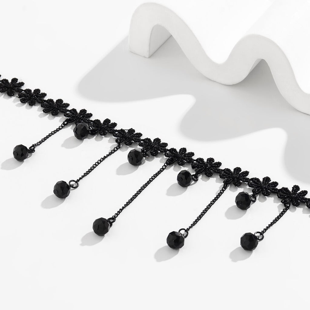 IngeSight.Z Gothic Tattoo Black Lace Crystal Tassel Pendant Necklace For Women Sexy Dark Flower Lace Collar Christmas Choker