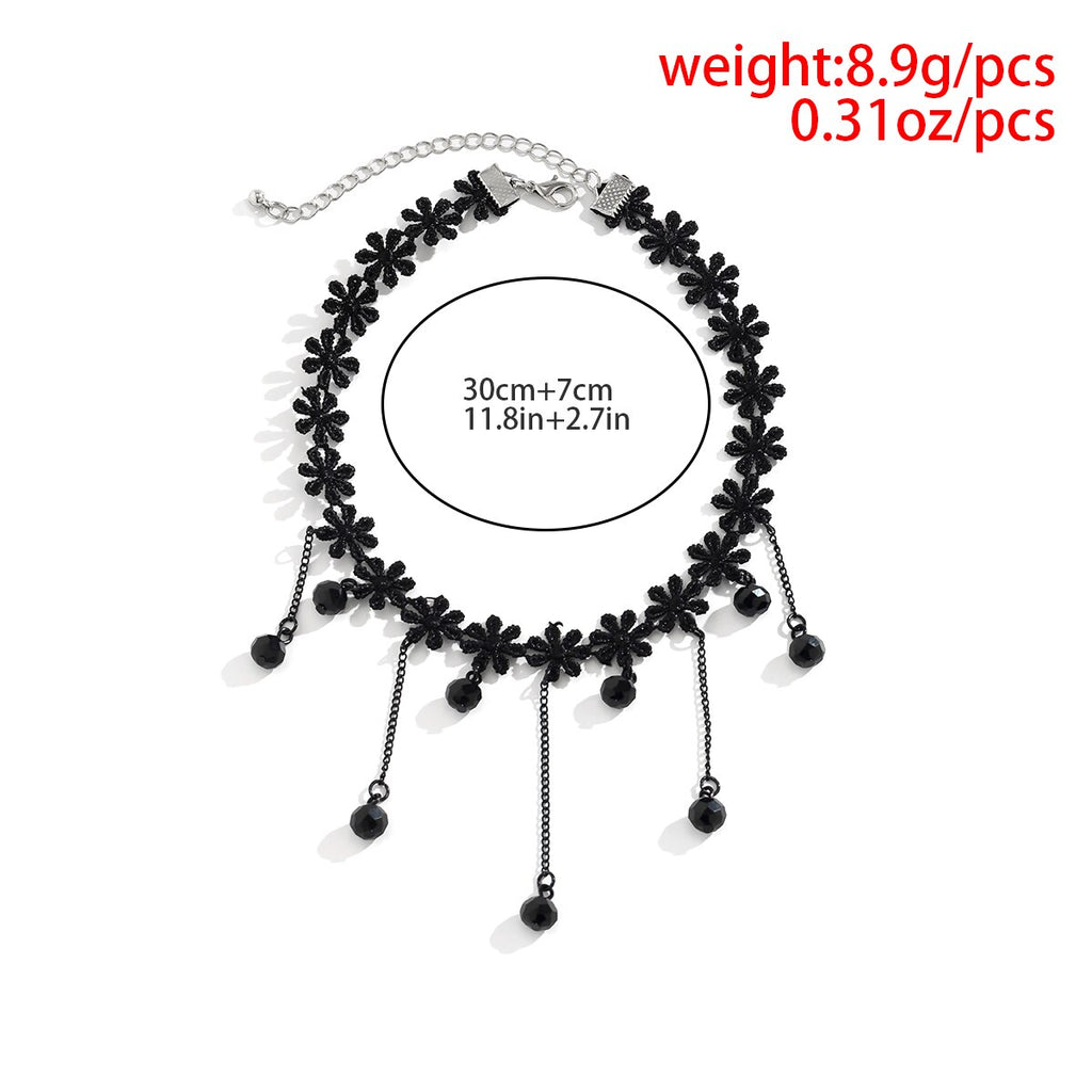 IngeSight.Z Gothic Tattoo Black Lace Crystal Tassel Pendant Necklace For Women Sexy Dark Flower Lace Collar Christmas Choker