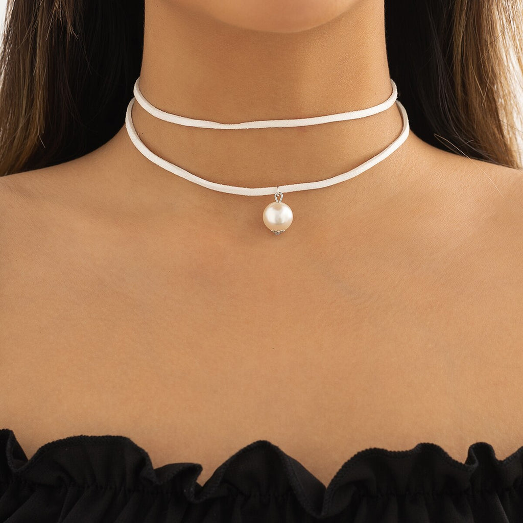 IngeSight.Z Gothic White Pearl Pendant Double Layer Black Leather Necklace for Women Vintage Clavicle Chain Party Jewelry Gift