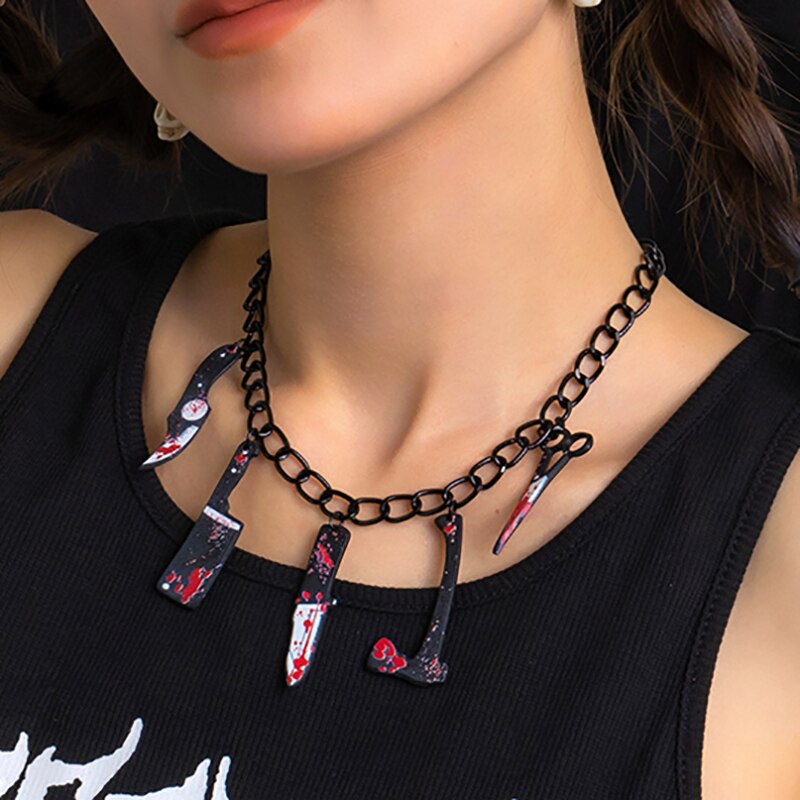 IngeSight.Z Halloween Blood Knife Pendant Necklace for Women Gothic Dark Cosplay Choker Necklaces Punk Metal Link Chain Jewelry