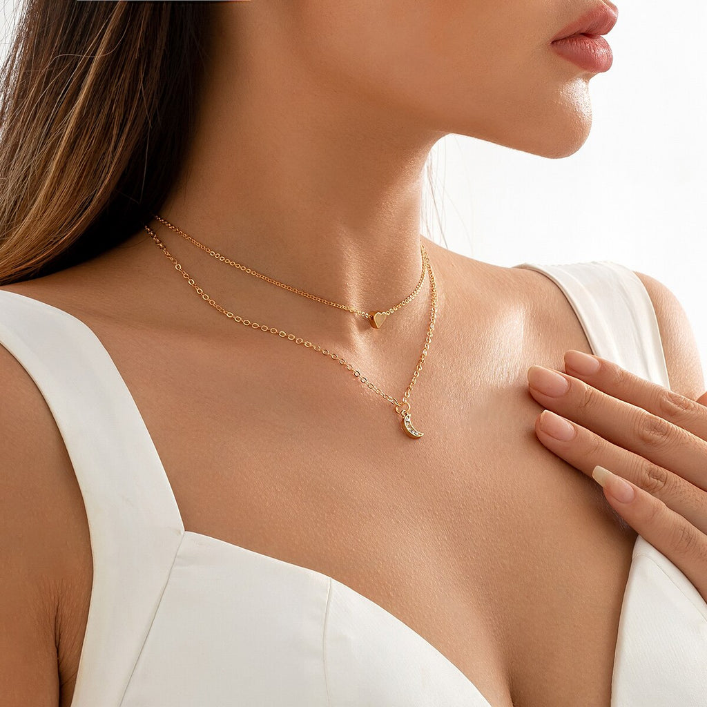 IngeSight.Z Korea Double Layer Heart Moon Pendant Necklace for Women Simple Gold  Color Clavicle Chain Jewelry 2022