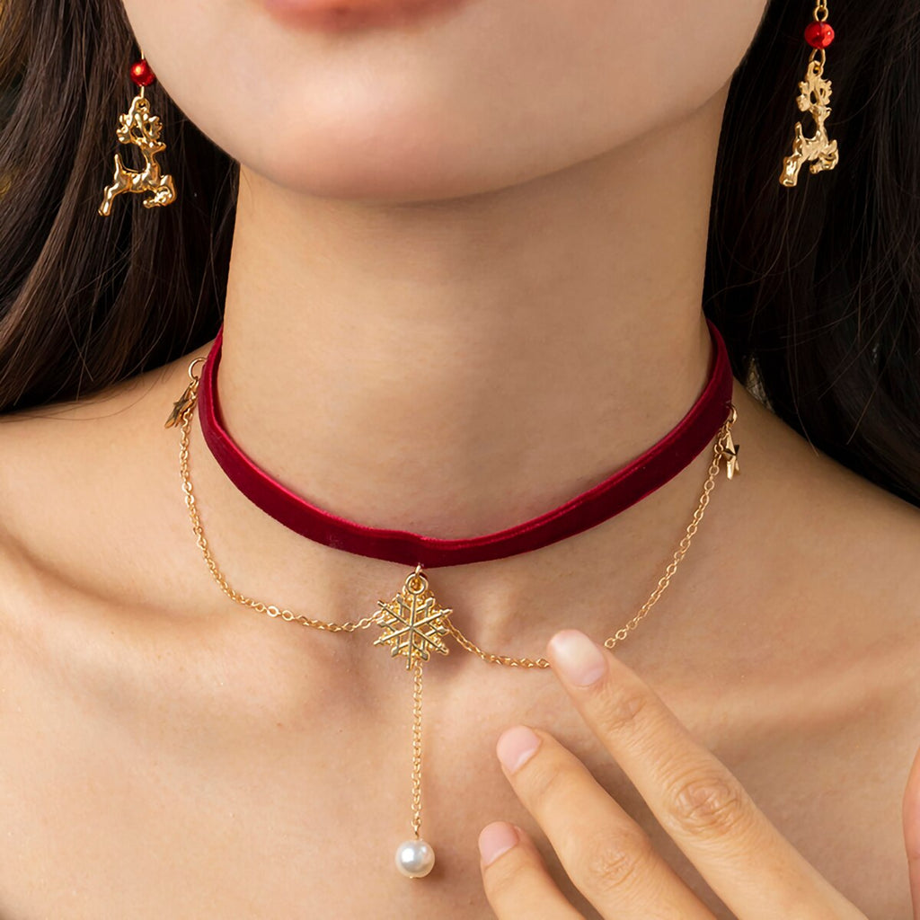 IngeSight.Z Korea Wine Red Velvet Pearl Pendant Necklaces for Women Elegant Gold Color Snowflake Tassel Christmas Clavicle Neck