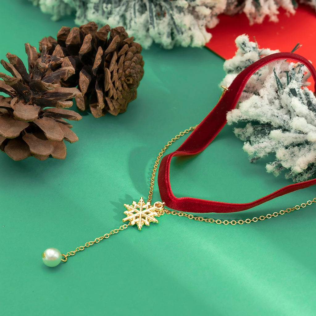 IngeSight.Z Korea Wine Red Velvet Pearl Pendant Necklaces for Women Elegant Gold Color Snowflake Tassel Christmas Clavicle Neck