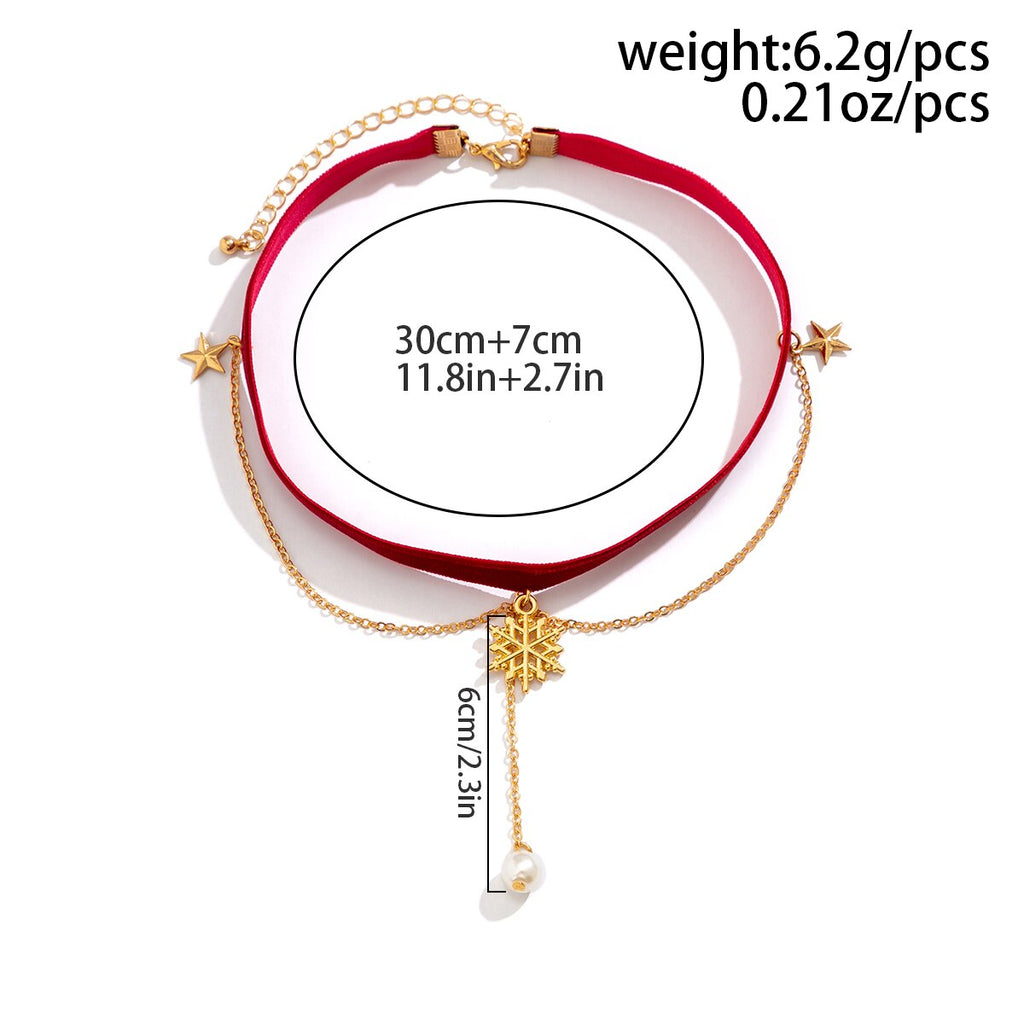 IngeSight.Z Korea Wine Red Velvet Pearl Pendant Necklaces for Women Elegant Gold Color Snowflake Tassel Christmas Clavicle Neck